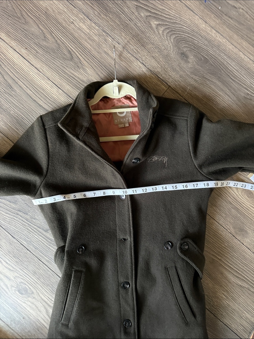 Stüssy Women’s Wool Blend Long Coat Brown High Collar Belted Size Large - Picture 13 of 15